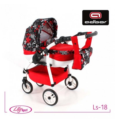 Коляска для куклы Adbor Lily Sport LS-18 красная, цветы на черном