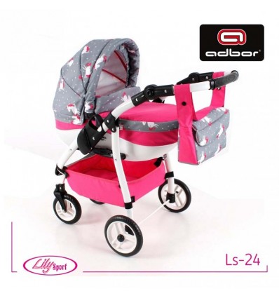 Коляска для куклы Adbor Lily Sport LS-24 розовая, единорог на сером